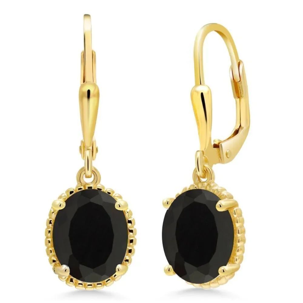 18K Yellow Gold 925 with 4.00 Cttw Black Onyx Oval Leverback Hook Earrings